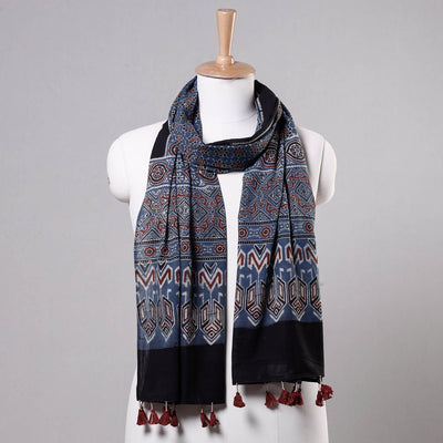 Blue - Ajrakh Block Printed Mul Cotton Stole with Tassels