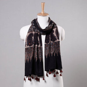 Black - Ajrakh Block Printed Mul Cotton Stole with Tassels