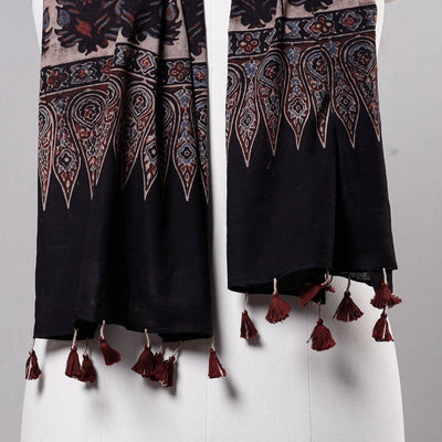 Black - Ajrakh Block Printed Mul Cotton Stole with Tassels