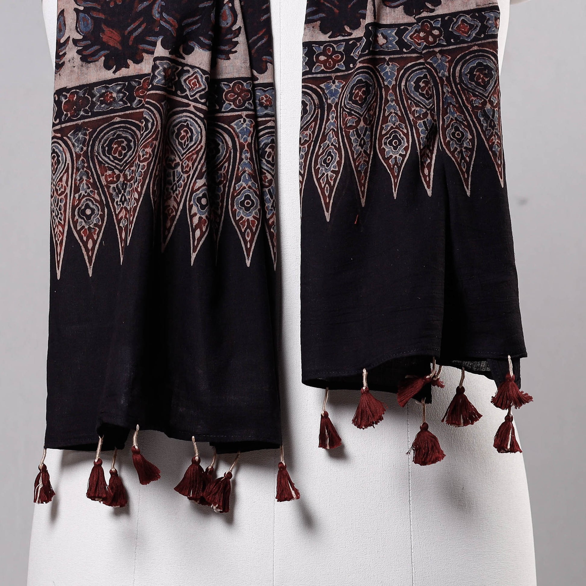 Black - Ajrakh Block Printed Mul Cotton Stole with Tassels