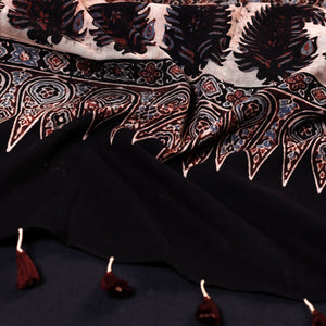 Black - Ajrakh Block Printed Mul Cotton Stole with Tassels