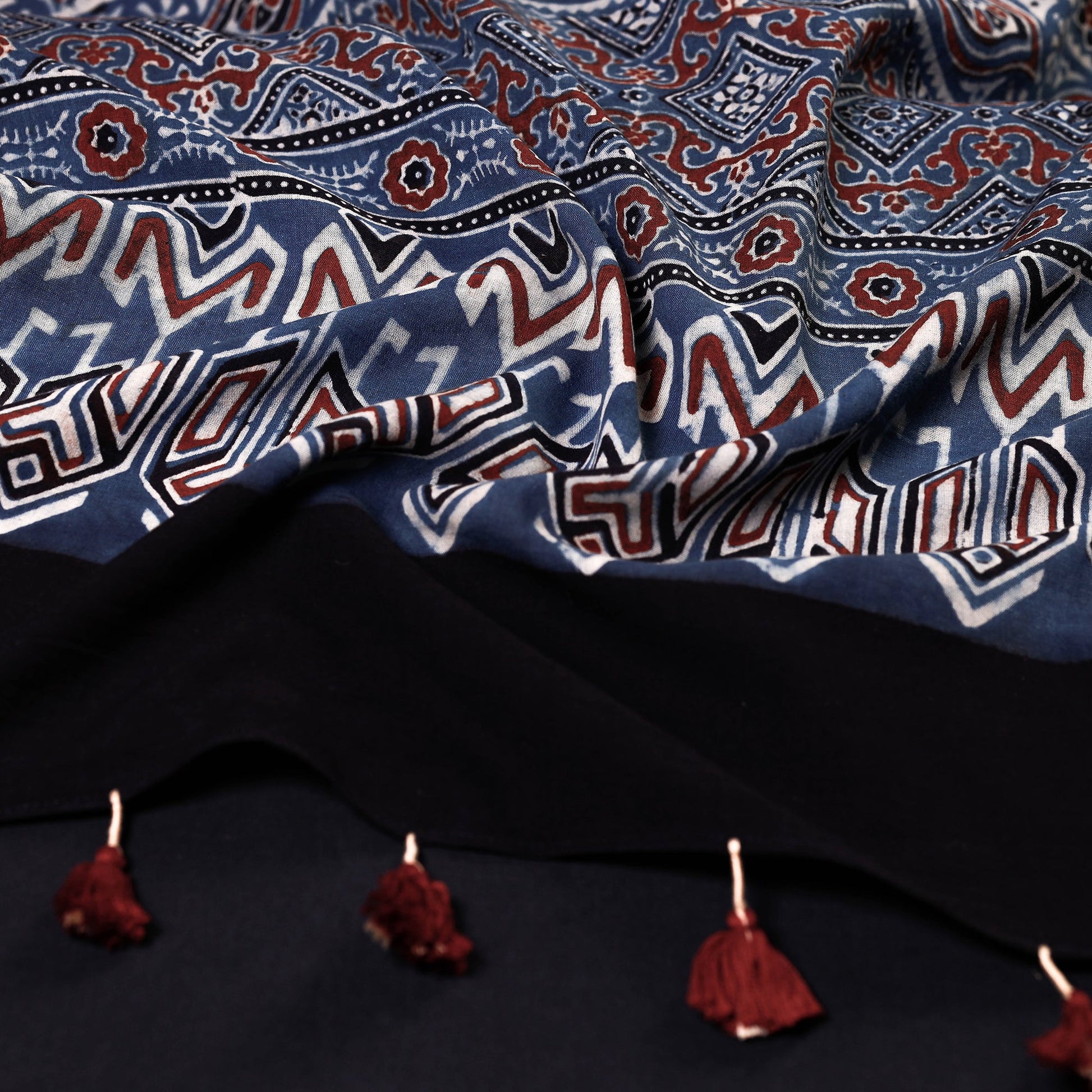 Blue - Ajrakh Block Printed Mul Cotton Stole with Tassels