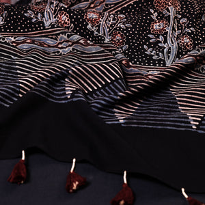 Black - Ajrakh Block Printed Mul Cotton Stole with Tassels