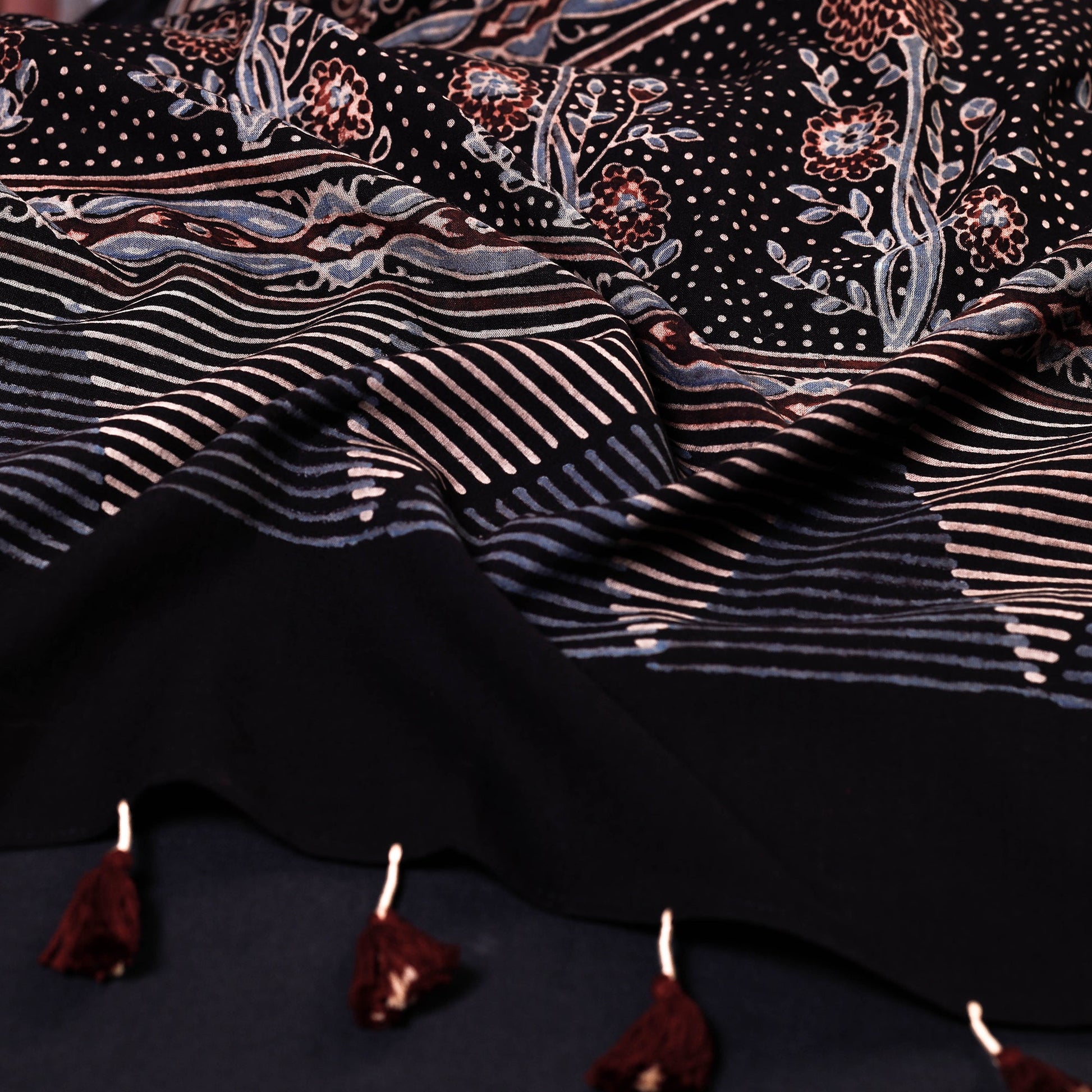Black - Ajrakh Block Printed Mul Cotton Stole with Tassels