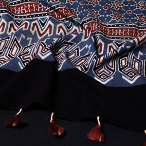 Blue - Ajrakh Block Printed Mul Cotton Stole with Tassels