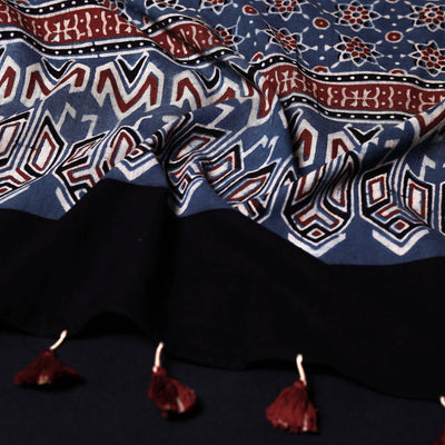 Blue - Ajrakh Block Printed Mul Cotton Stole with Tassels
