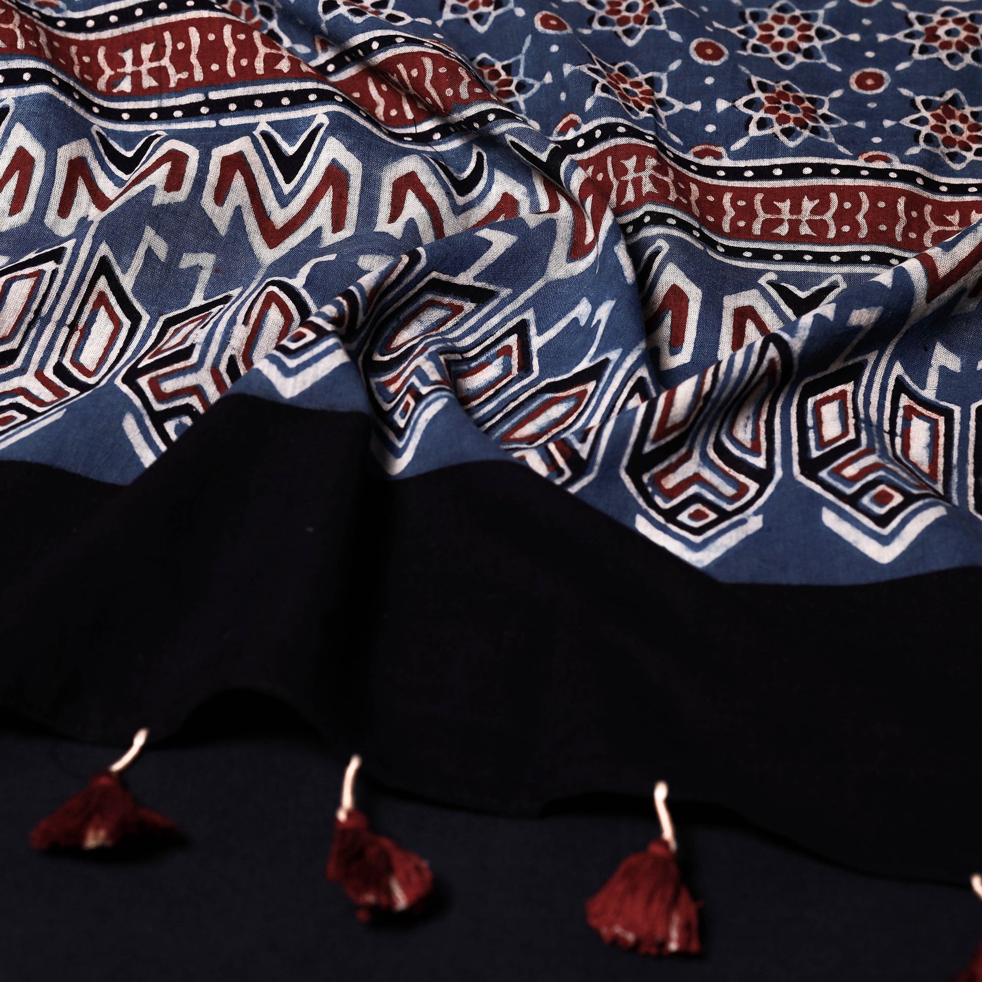 Blue - Ajrakh Block Printed Mul Cotton Stole with Tassels