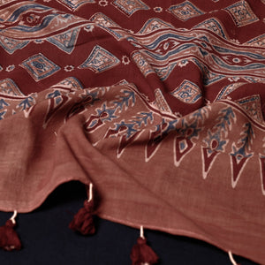Brown - Ajrakh Block Printed Mul Cotton Stole with Tassels