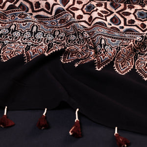 Black - Ajrakh Block Printed Mul Cotton Stole with Tassels