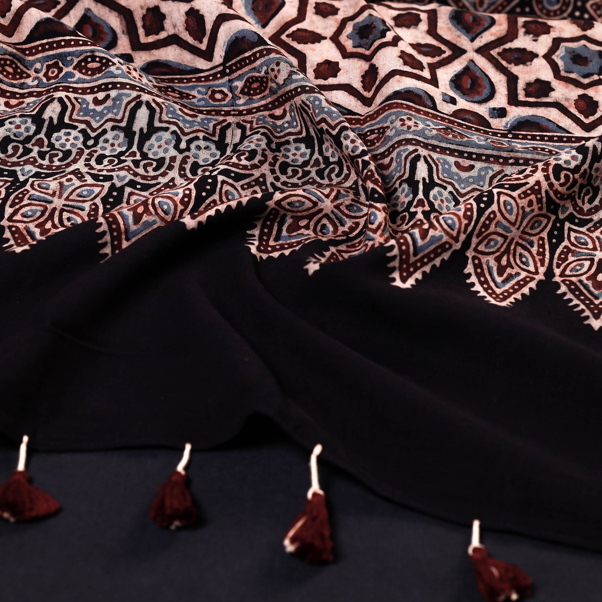 Black - Ajrakh Block Printed Mul Cotton Stole with Tassels