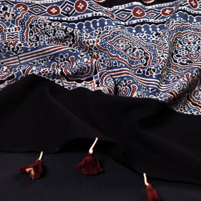 Blue - Ajrakh Block Printed Mul Cotton Stole with Tassels