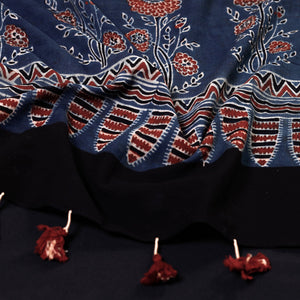 Blue - Ajrakh Block Printed Mul Cotton Stole with Tassels
