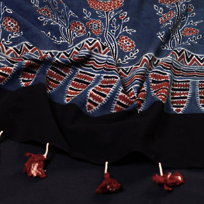 Blue - Ajrakh Block Printed Mul Cotton Stole with Tassels