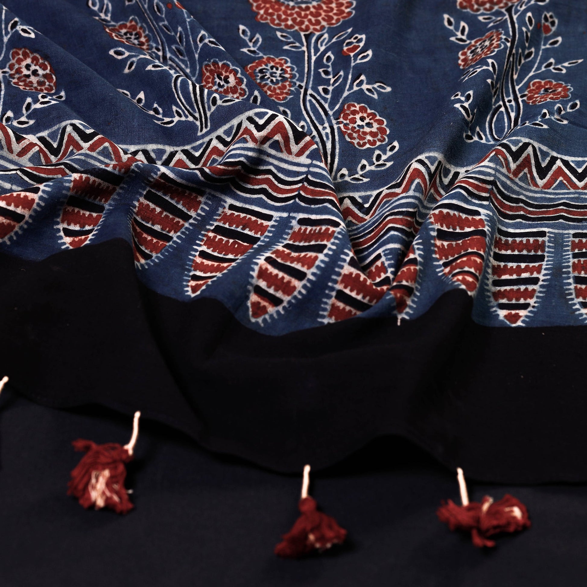 Blue - Ajrakh Block Printed Mul Cotton Stole with Tassels