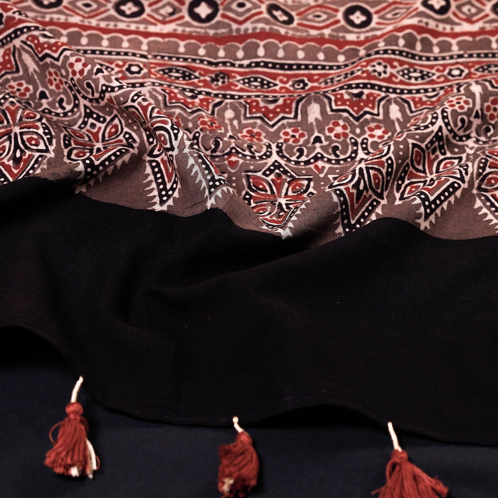 Black - Ajrakh Block Printed Mul Cotton Stole with Tassels