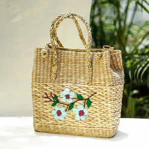 Beige - Handcrafted Natural Water Reed Embroidered Shopping Bag