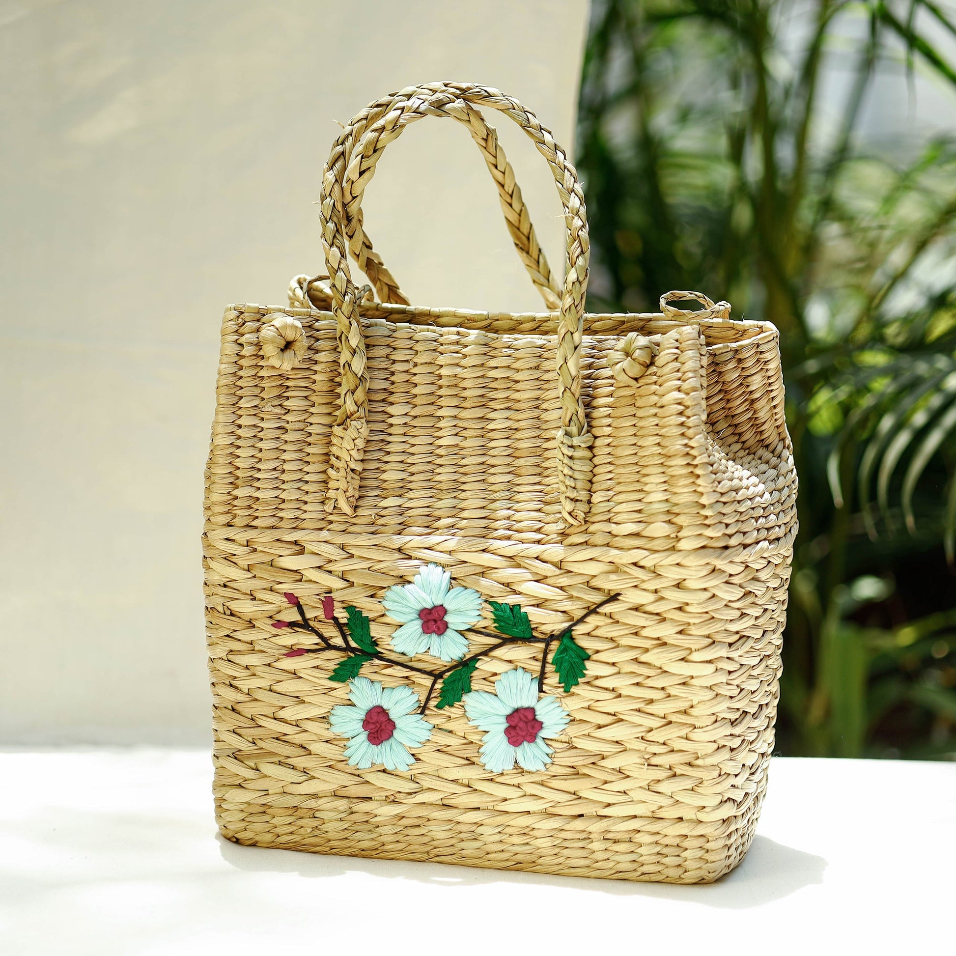 Beige - Handcrafted Natural Water Reed Embroidered Shopping Bag