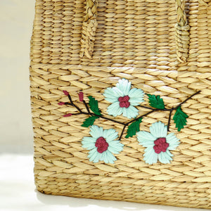 Beige - Handcrafted Natural Water Reed Embroidered Shopping Bag