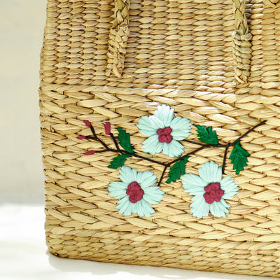 Beige - Handcrafted Natural Water Reed Embroidered Shopping Bag