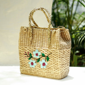 Beige - Handcrafted Natural Water Reed Embroidered Shopping Bag