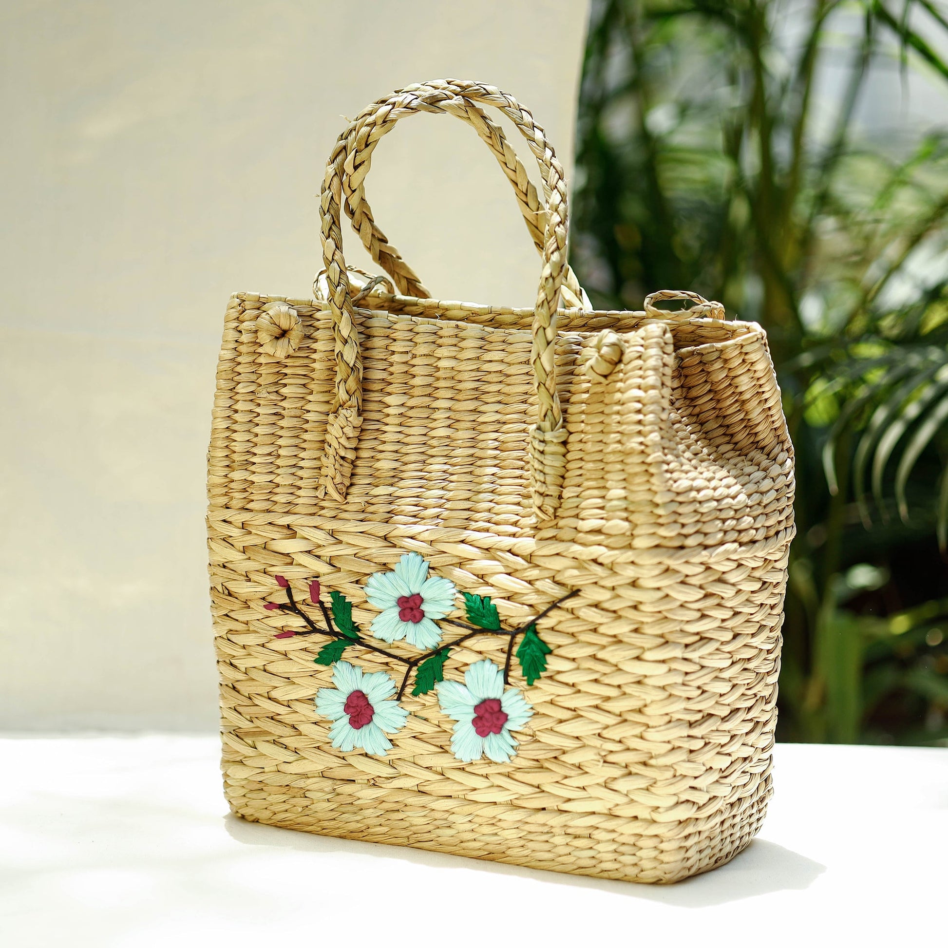Beige - Handcrafted Natural Water Reed Embroidered Shopping Bag
