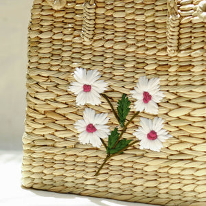 Beige - Handcrafted Natural Water Reed Embroidered Shopping Bag