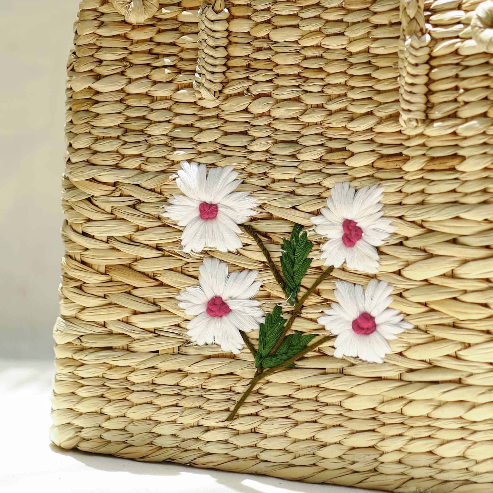 Beige - Handcrafted Natural Water Reed Embroidered Shopping Bag