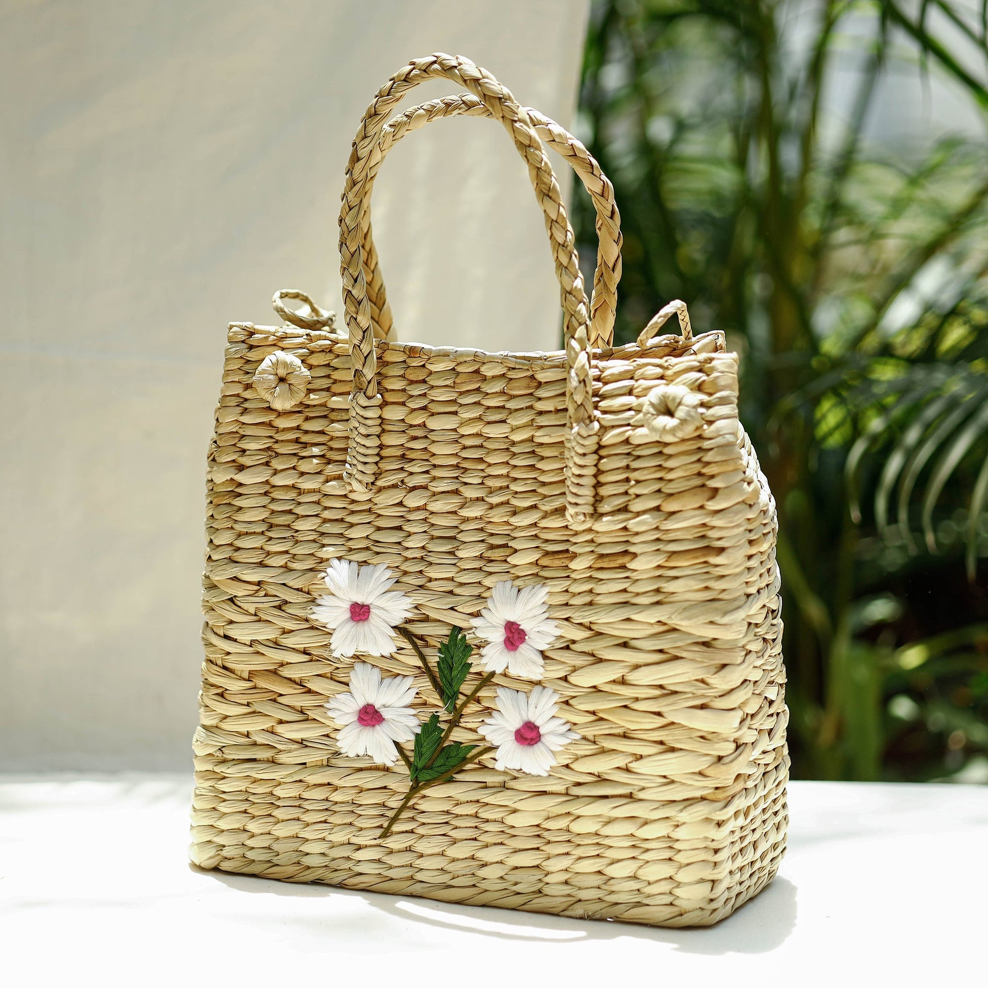 Beige - Handcrafted Natural Water Reed Embroidered Shopping Bag