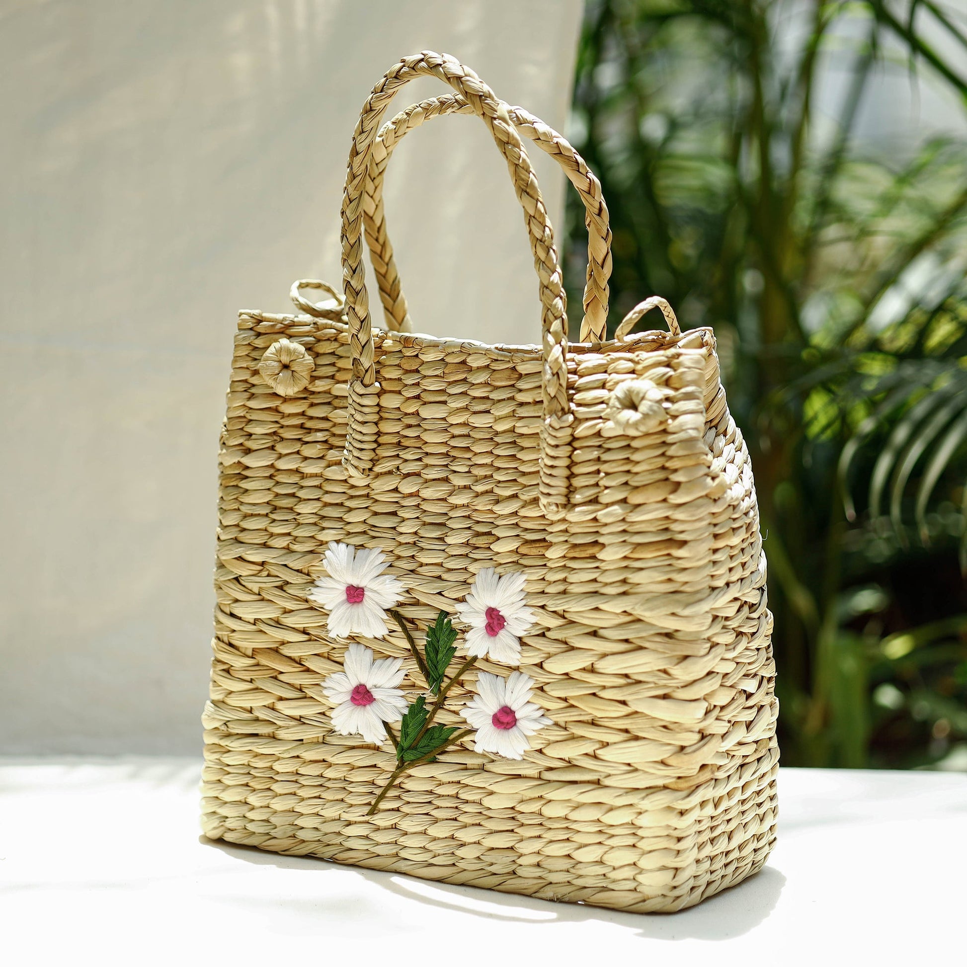 Beige - Handcrafted Natural Water Reed Embroidered Shopping Bag