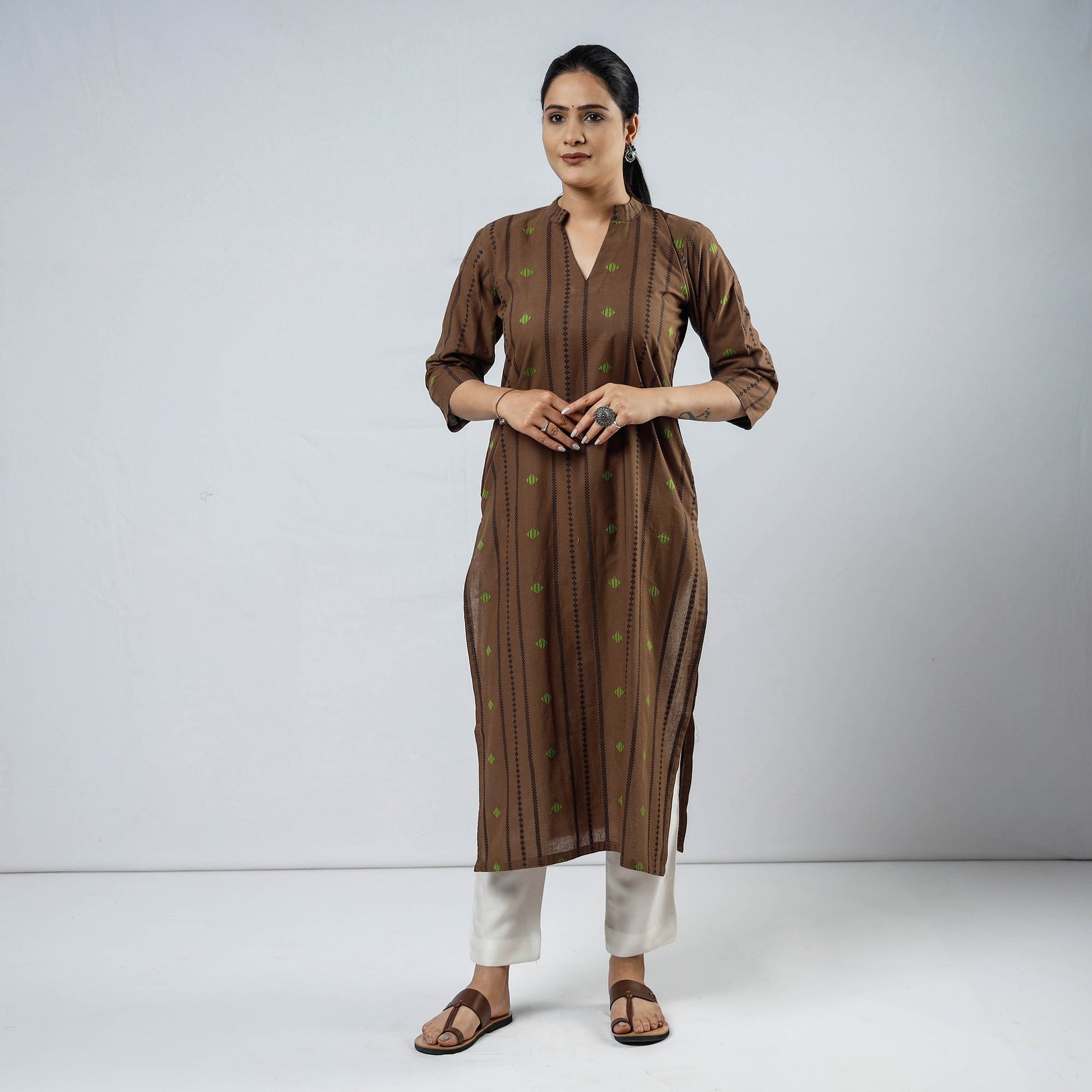 Brown - Jacquard Cotton Long Straight Kurta