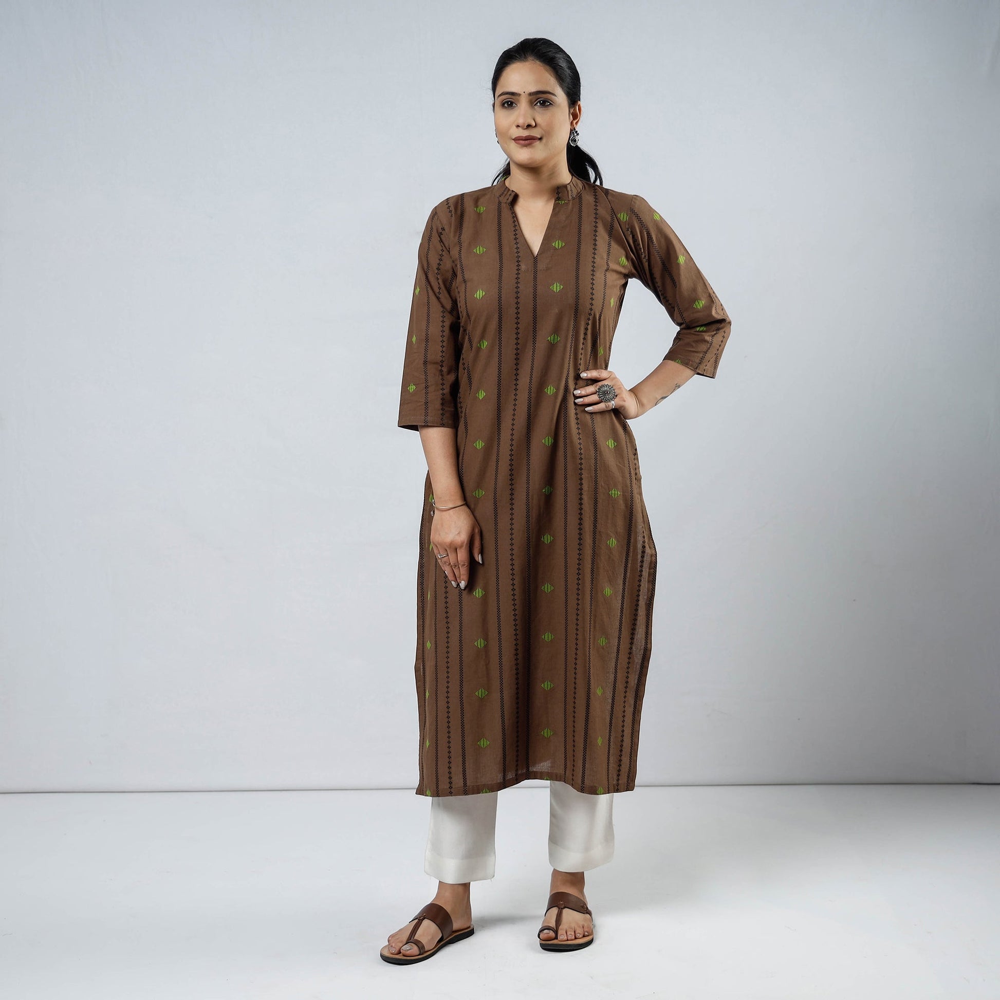Brown - Jacquard Cotton Long Straight Kurta