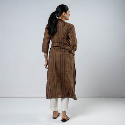 Brown - Jacquard Cotton Long Straight Kurta