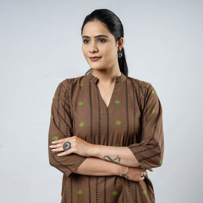 Brown - Jacquard Cotton Long Straight Kurta