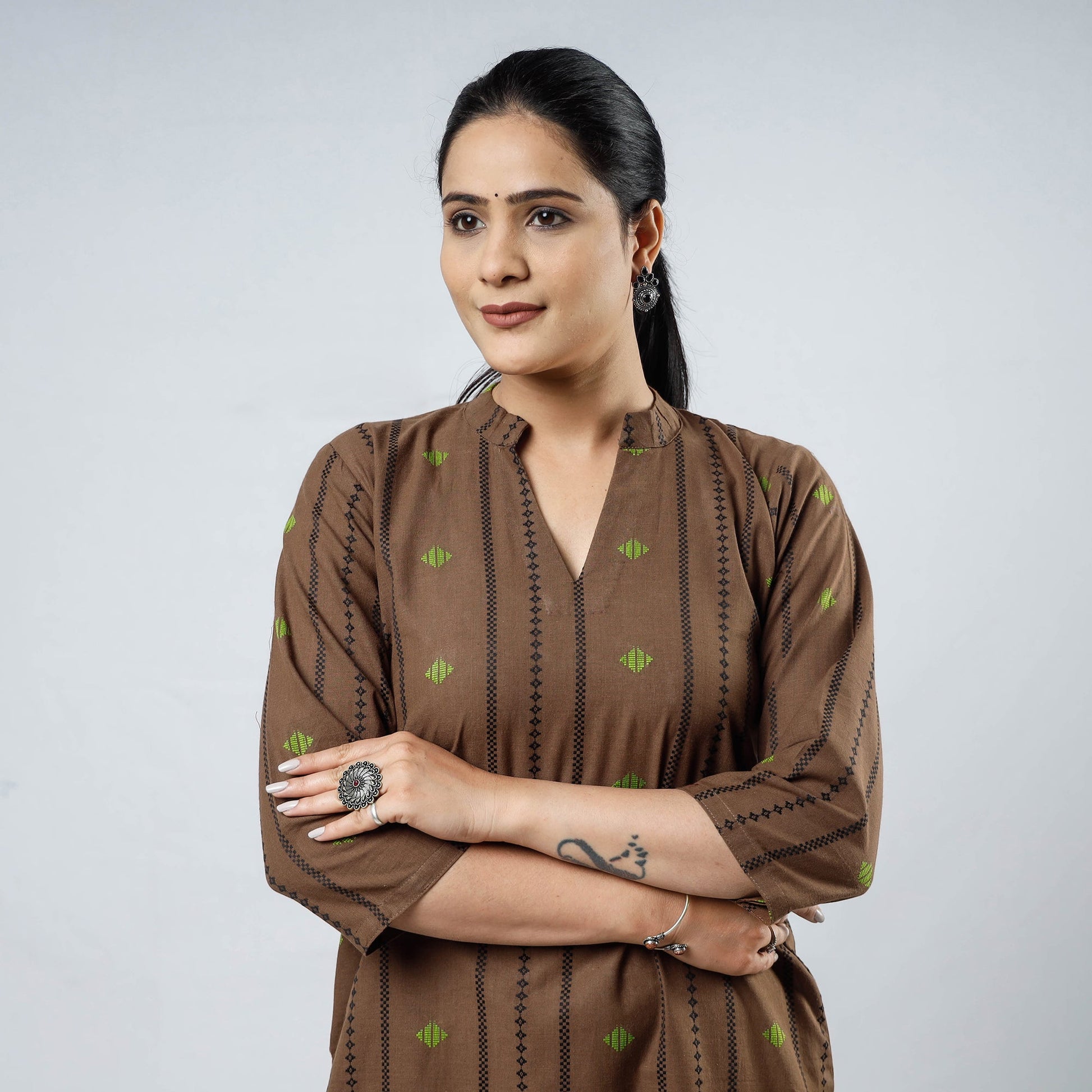 Brown - Jacquard Cotton Long Straight Kurta