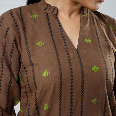 Brown - Jacquard Cotton Long Straight Kurta