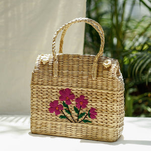 Beige - Handcrafted Natural Water Reed Embroidered Shopping Bag