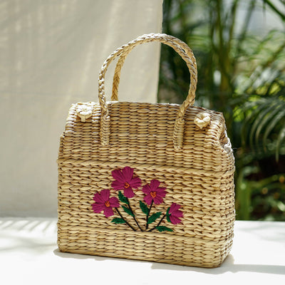 Beige - Handcrafted Natural Water Reed Embroidered Shopping Bag