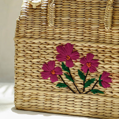 Beige - Handcrafted Natural Water Reed Embroidered Shopping Bag