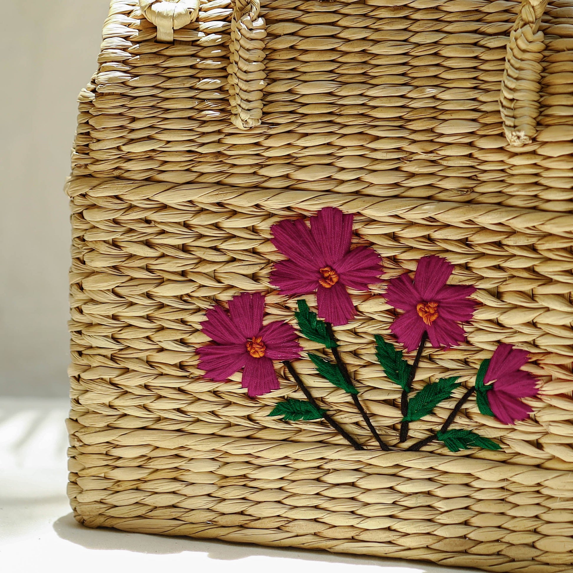 Beige - Handcrafted Natural Water Reed Embroidered Shopping Bag