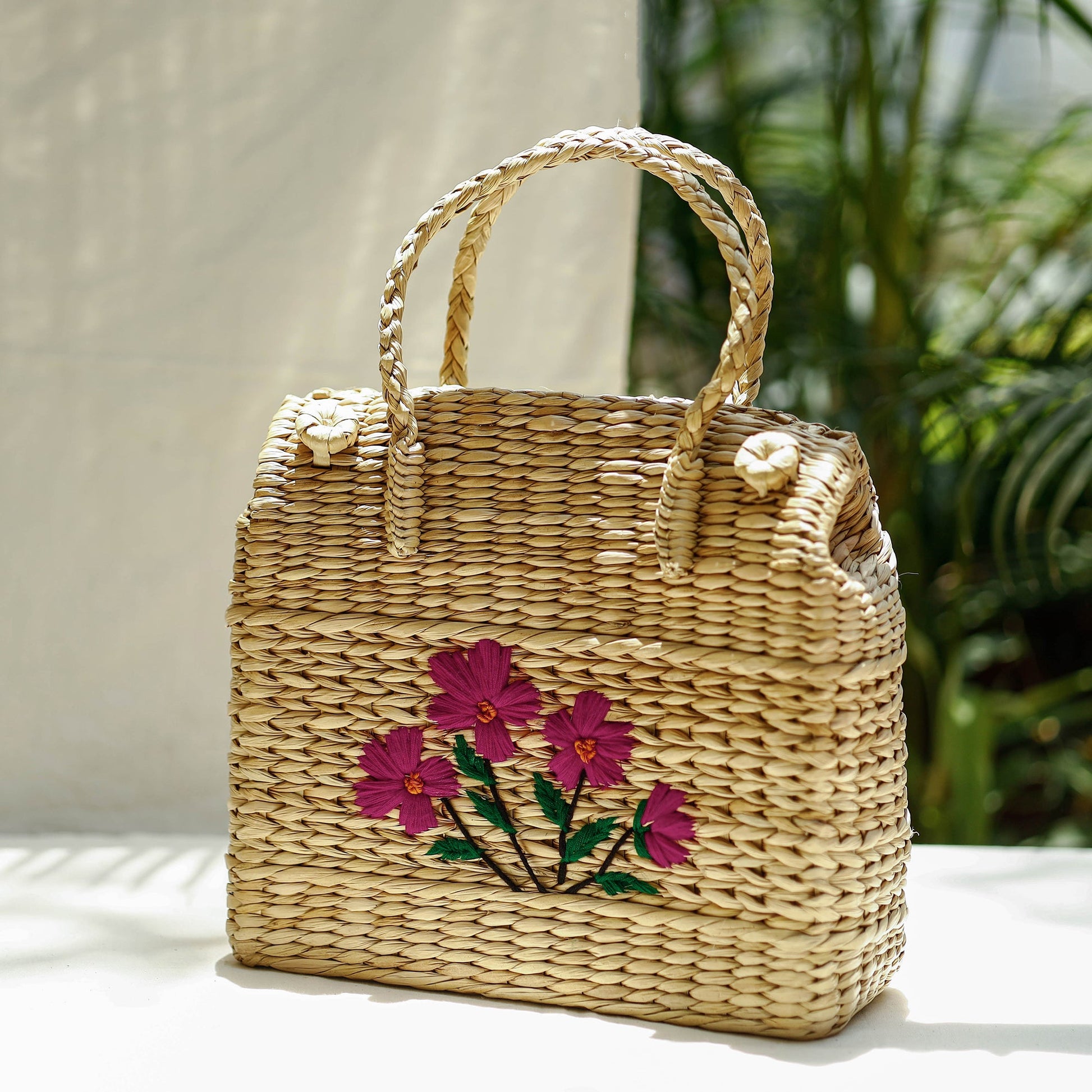 Beige - Handcrafted Natural Water Reed Embroidered Shopping Bag