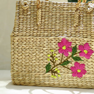 Beige - Handcrafted Natural Water Reed Embroidered Shopping Bag