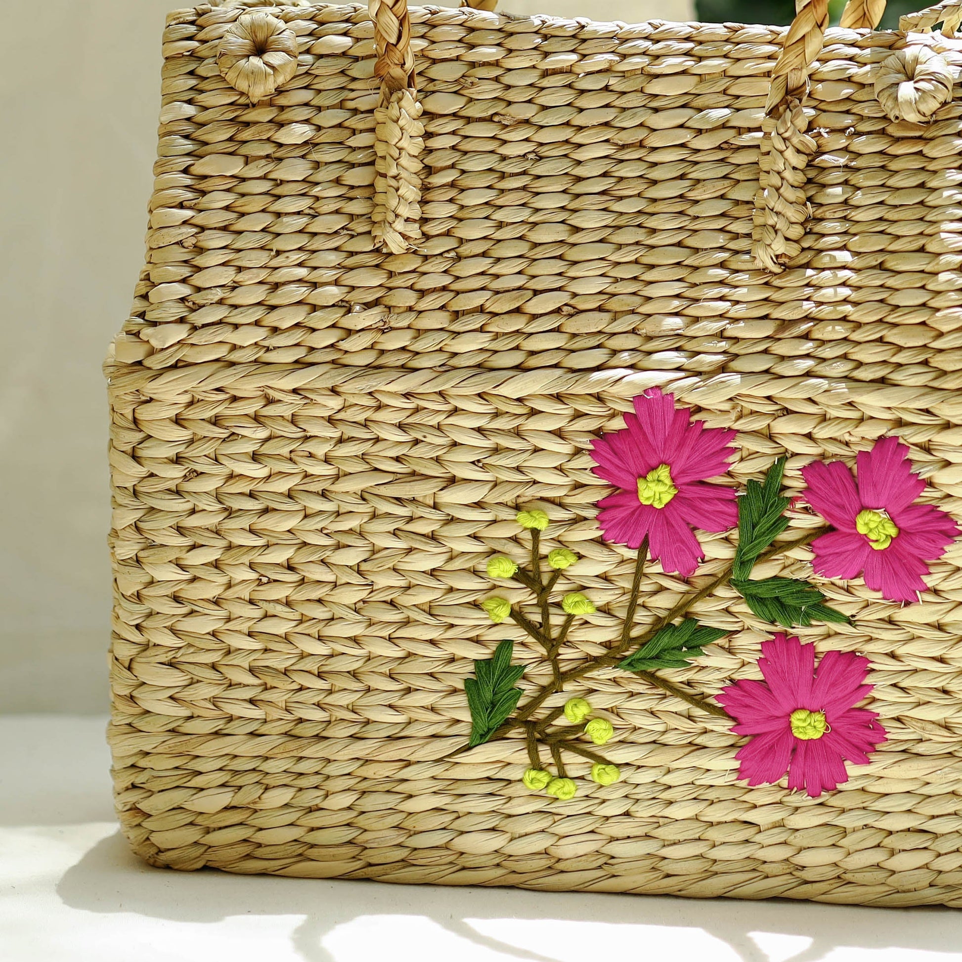 Beige - Handcrafted Natural Water Reed Embroidered Shopping Bag
