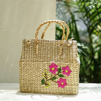 Beige - Handcrafted Natural Water Reed Embroidered Shopping Bag