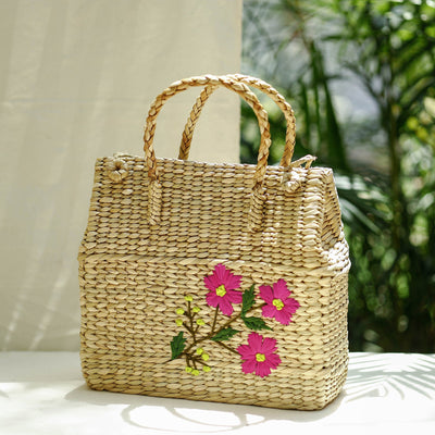 Beige - Handcrafted Natural Water Reed Embroidered Shopping Bag