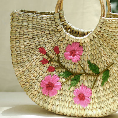 Beige - Handcrafted Natural Water Reed Embroidered Hand Bag