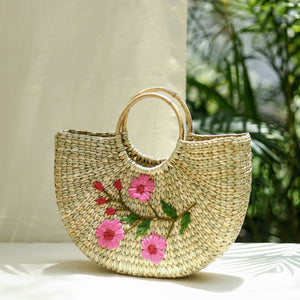 Beige - Handcrafted Natural Water Reed Embroidered Hand Bag