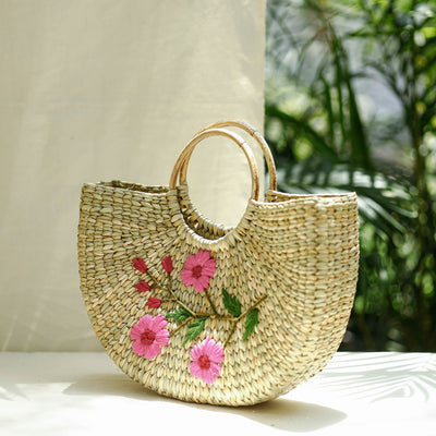 Beige - Handcrafted Natural Water Reed Embroidered Hand Bag