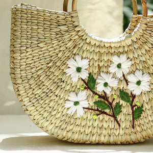 Beige - Handcrafted Natural Water Reed Embroidered Hand Bag