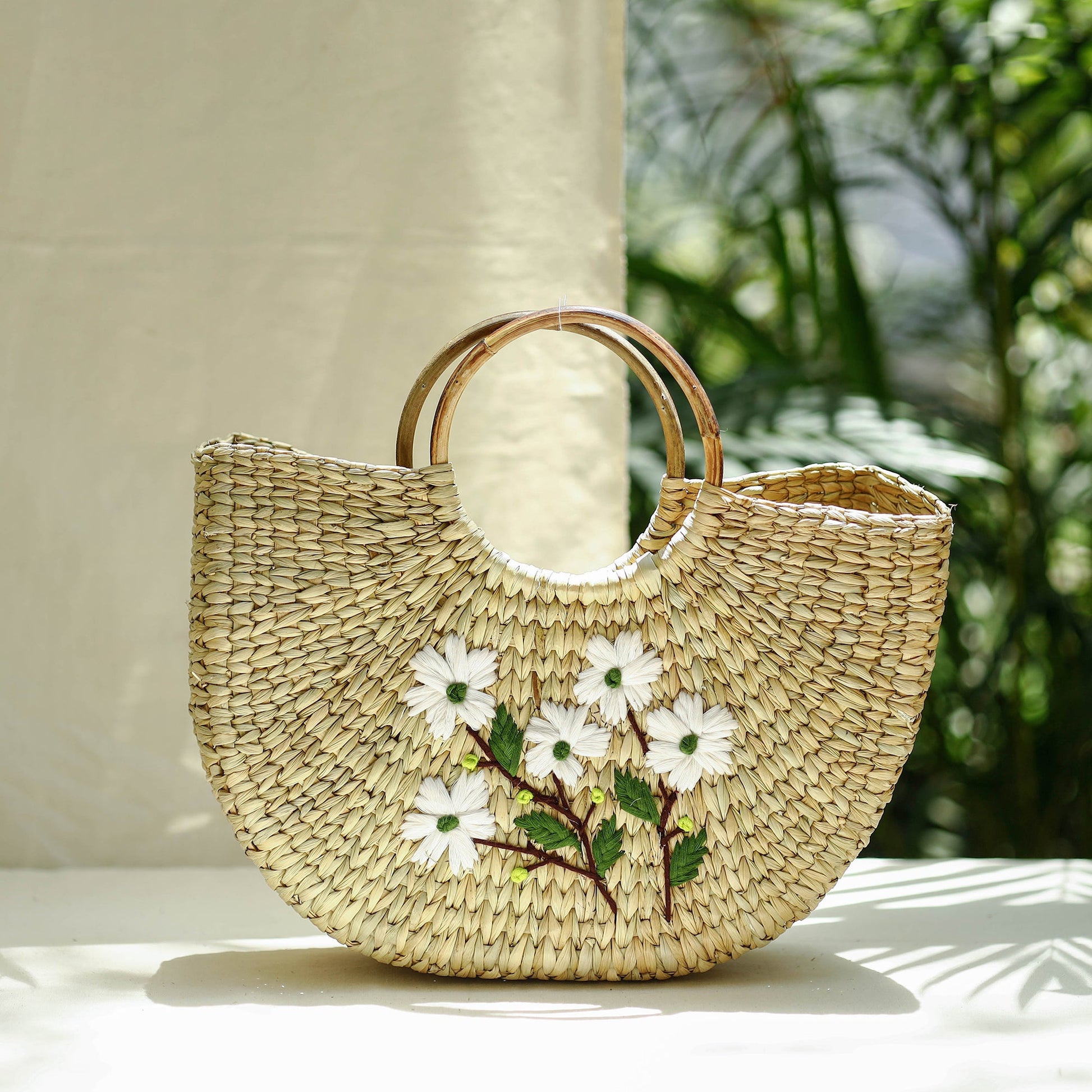 Beige - Handcrafted Natural Water Reed Embroidered Hand Bag