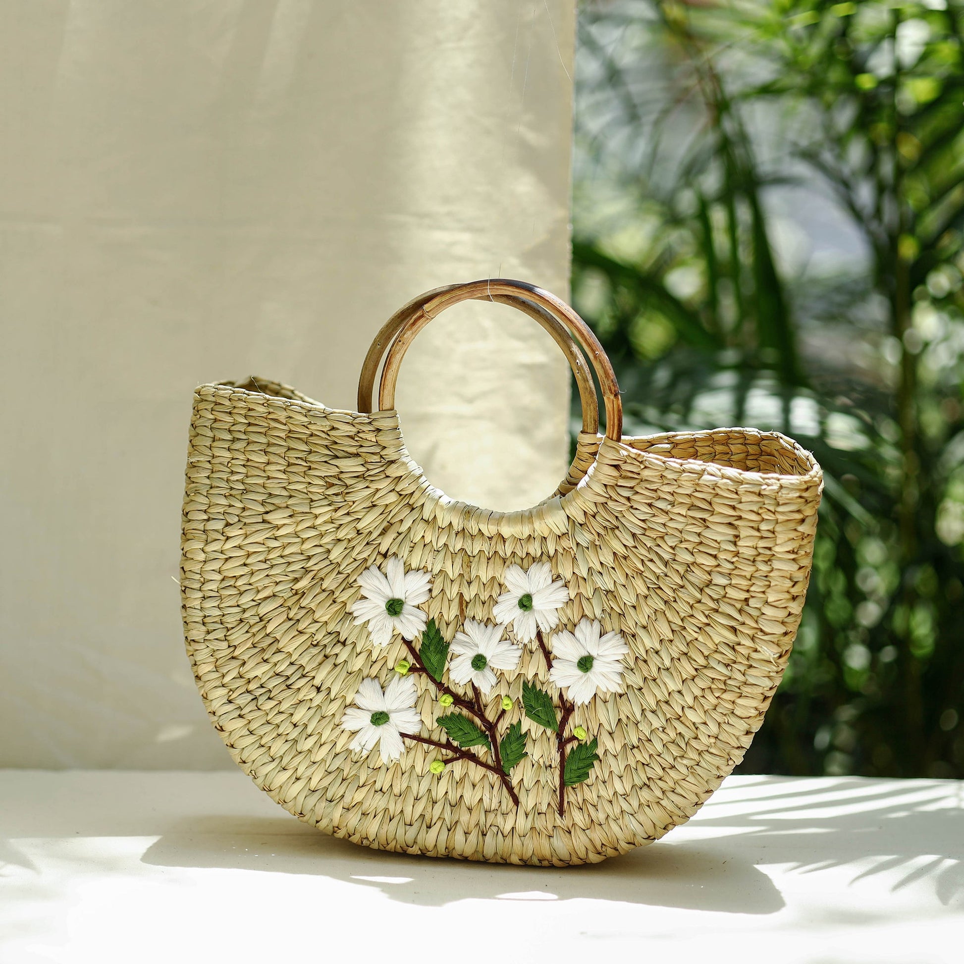 Beige - Handcrafted Natural Water Reed Embroidered Hand Bag